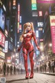 A woman in a red latex outfit standing in the middle of a city.